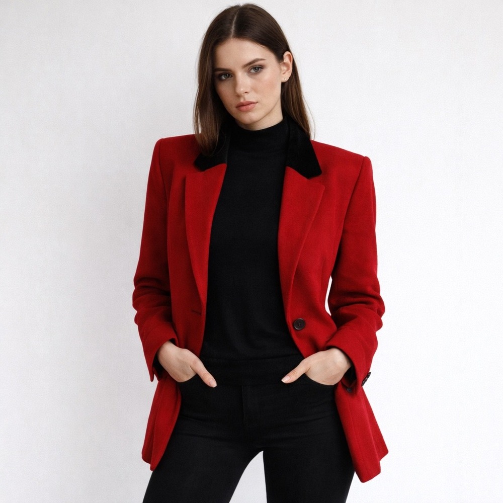 VTG 90s Crimson Red Wool Blazer Velvet Collar Dark Academia Equestrian Size 14